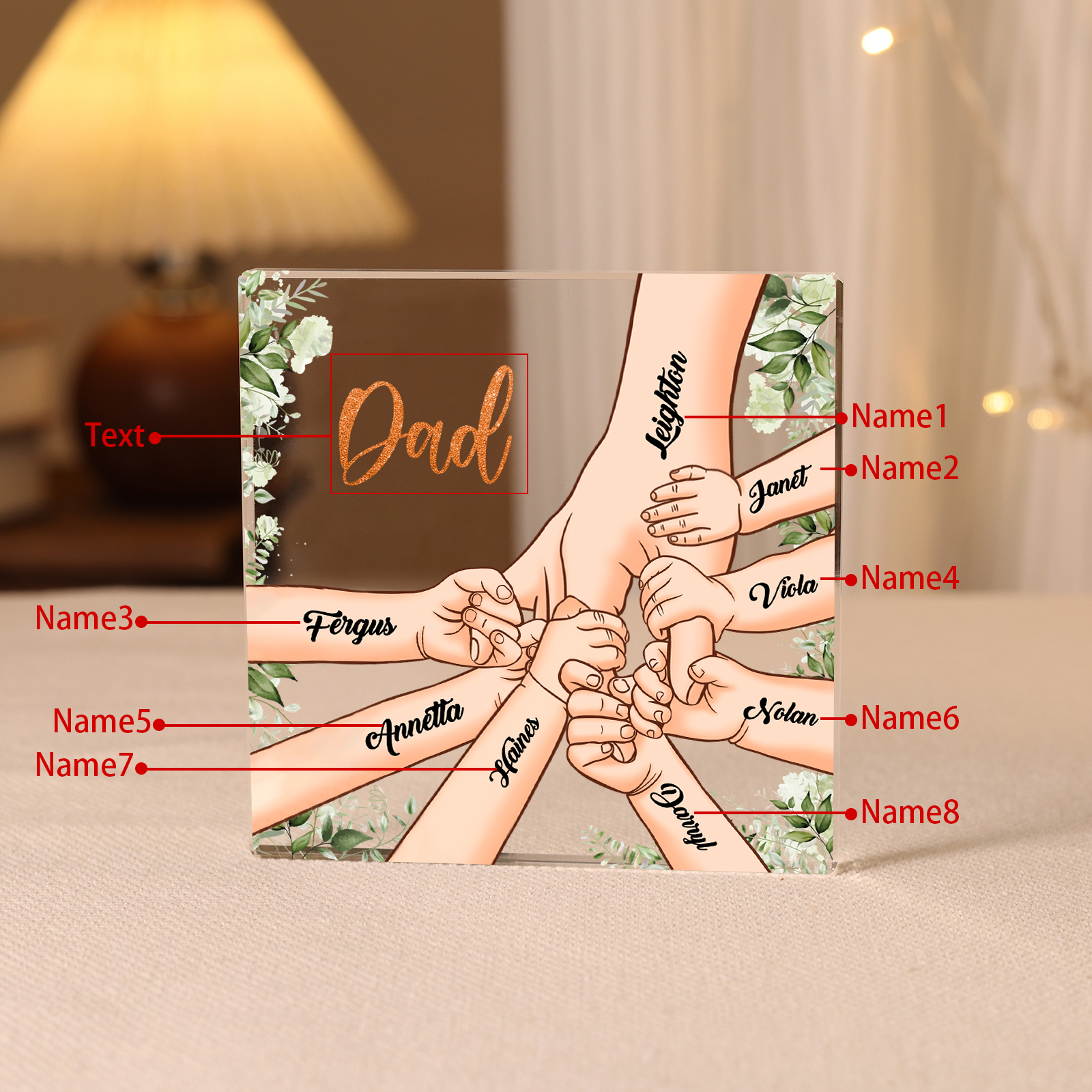8 Names & 1 Text Personalised Acrylic Plaque for Dad - Custom Holding Hands Father's Day Gift | Jessemade
