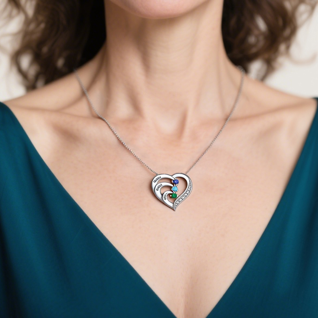 Personalised 2-6 Names 925 Silver Necklace Birthstone Intertwined Heart Pendant Gifts for Her | Jessemade