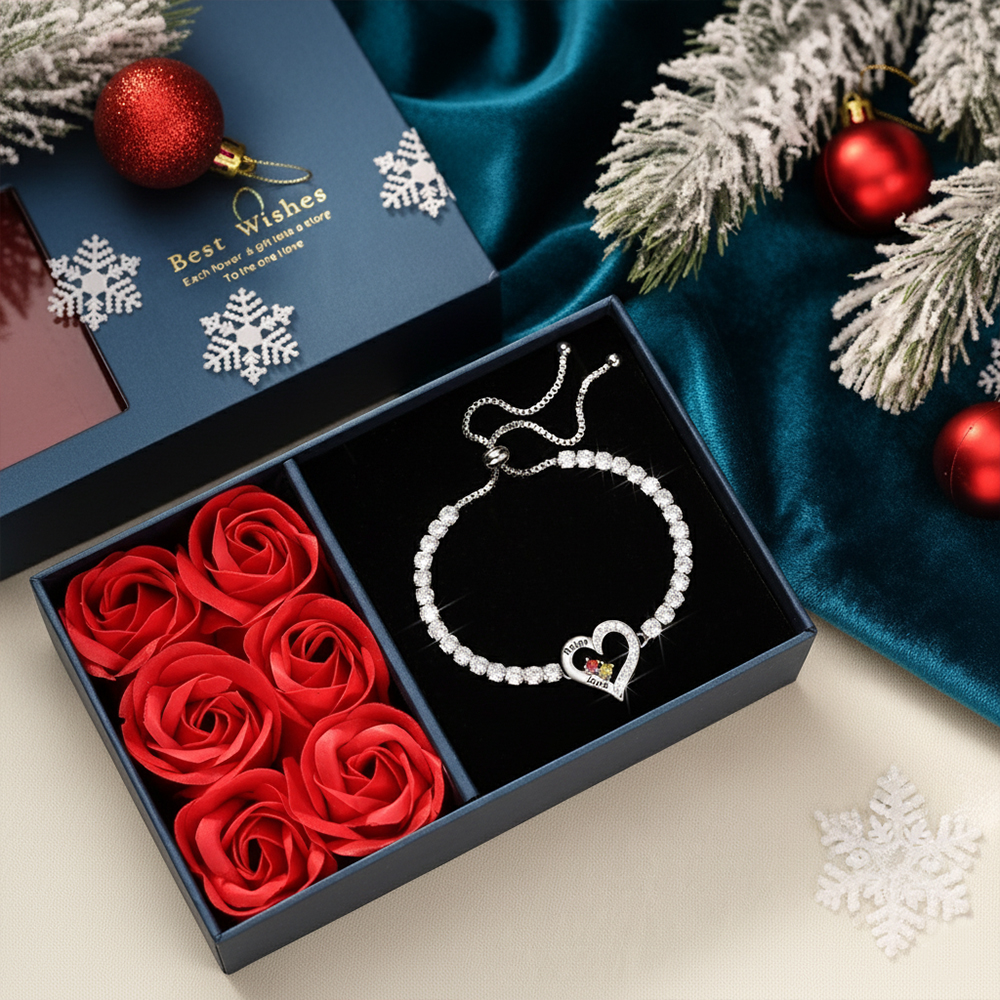 Personalised 2-4 Names & Birthstones Heart Tennis Bracelet