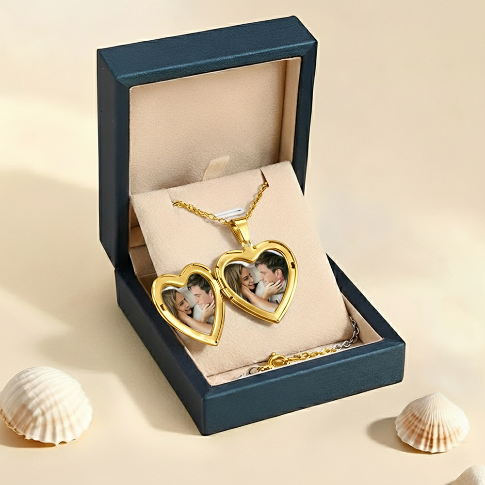 Personalised Heart Shaped Locket Necklace Custom with 2 Photos and 1 Text for Her | Jessemade