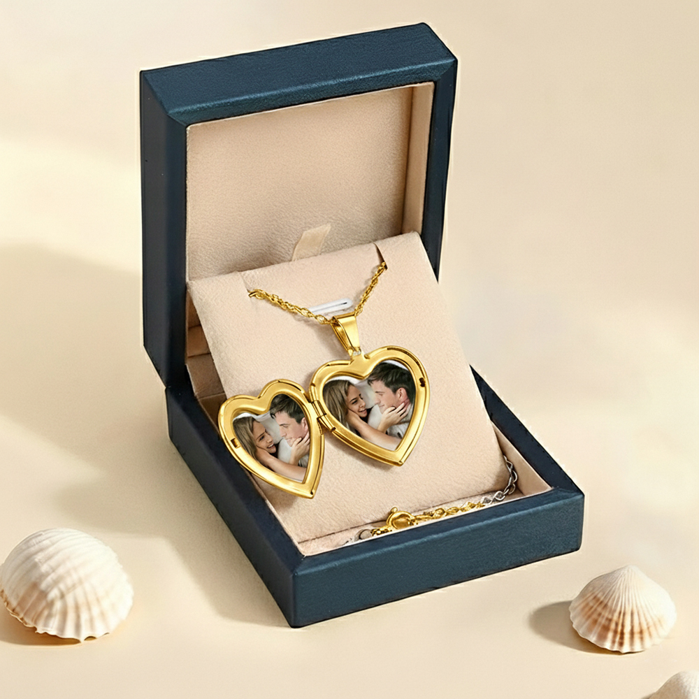 Personalised Heart Shaped Locket Necklace Custom with 2 Photos and 1 Text for Her | Jessemade