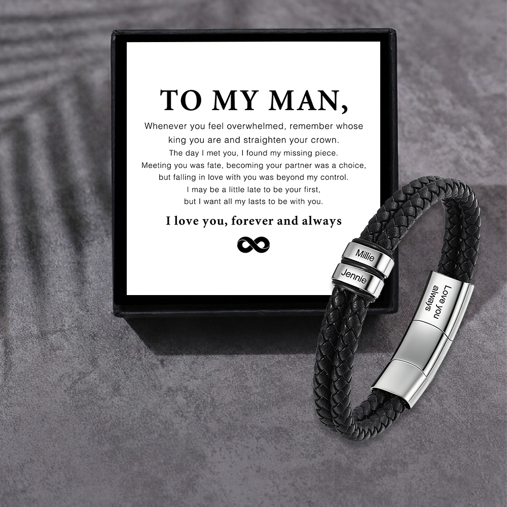 Personalised Men Bracelet with 2-6 Names & 1 Text-Custom Bracelet for Him | Jessemade