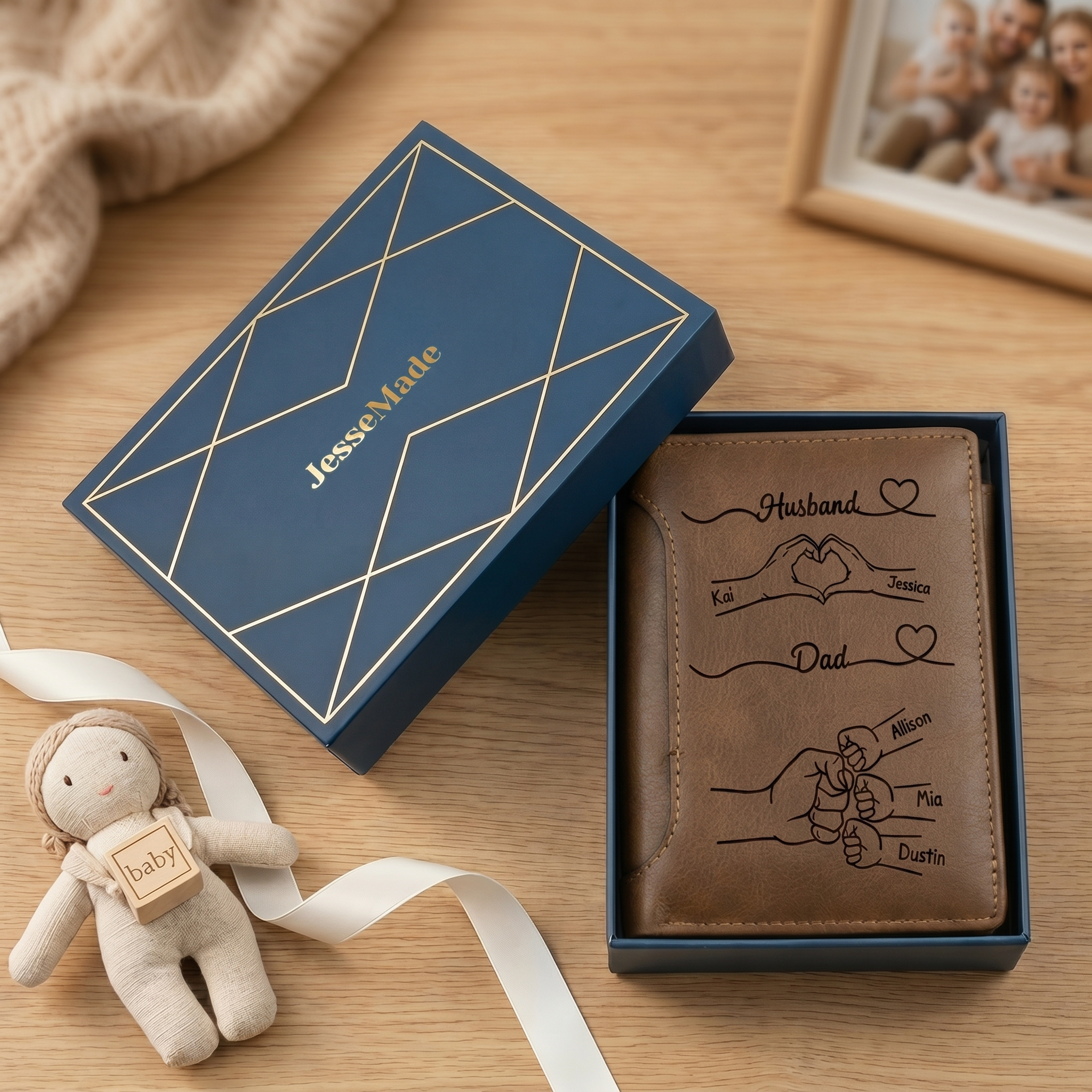 Personalised Dad Wallet with Custom 3-10 Names - “First a Husband, Then a Dad” Gift for Dad | Jessemade