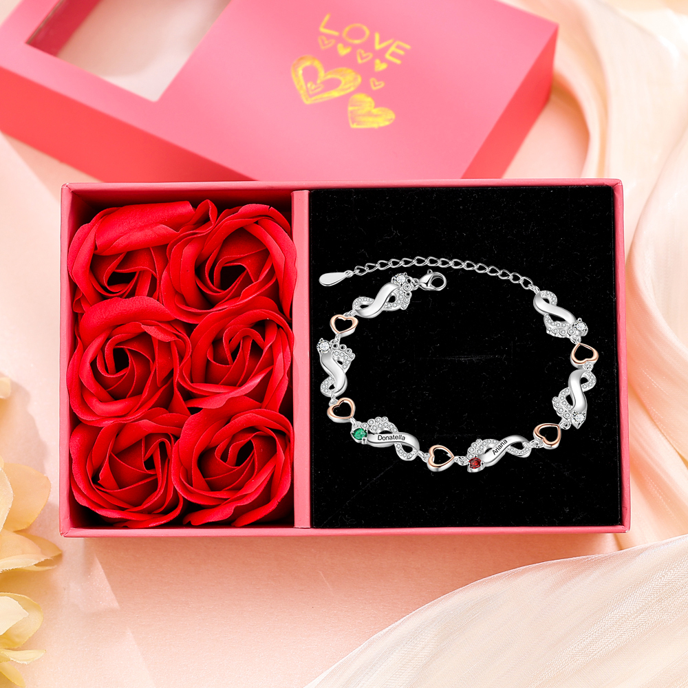 Personalized Baby Feet Bracelet Custom 2 Birthstones Set With Rose Gift Box Heart Bracelet Gifts For Women