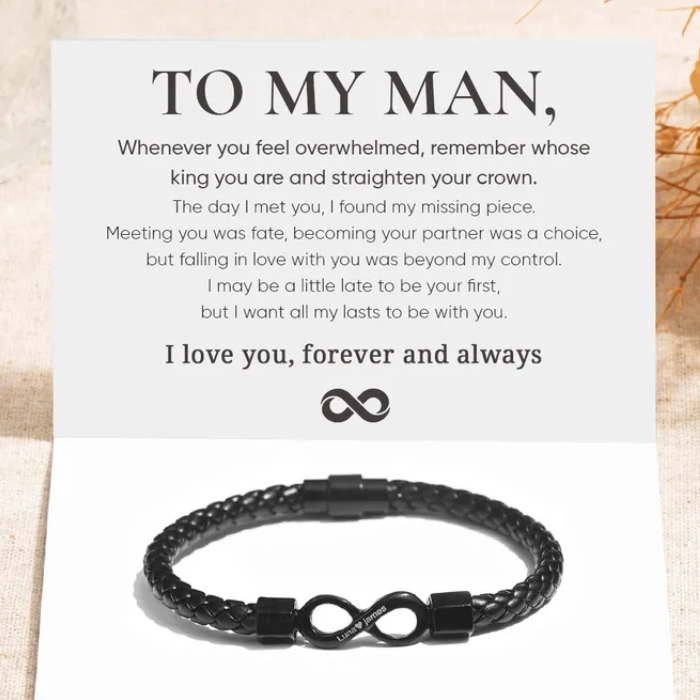 Personalised To My Man Infinity Leather Bracelet Gift Set, Custom Name Men's Bracelet Christmas Gifts For Him