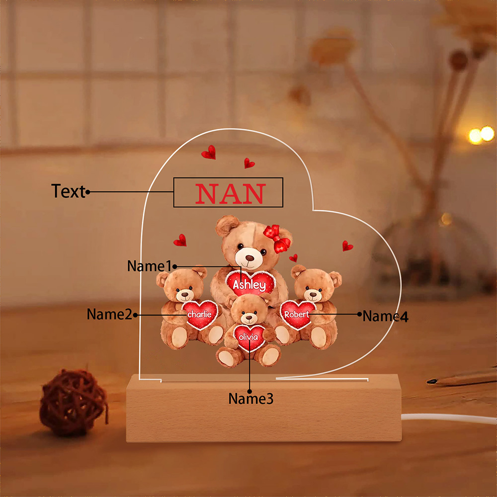 Personalised Heart Acrylic Lamp with Custom 4 Names Teddy Bear Design Night Light Gift for Nan | Jessemade