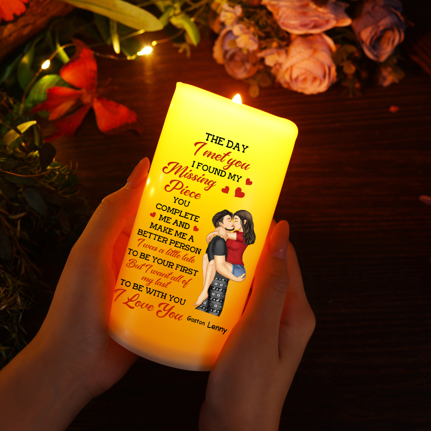 Personalised LED Candle with Custom 2 Names - The Day I Met You I Found My Missing Piece Gift for Her Gift for Couple | Jessemade