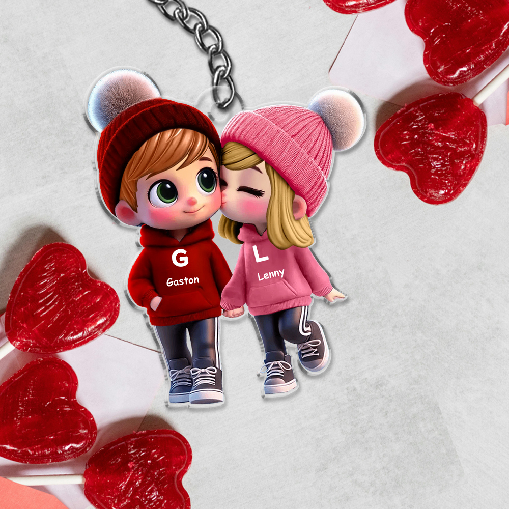 Personalised Cartoon Couple Keyring with 2 Names, Letters & Characters - Valentine’s Day Gift for Couple | Jessemade