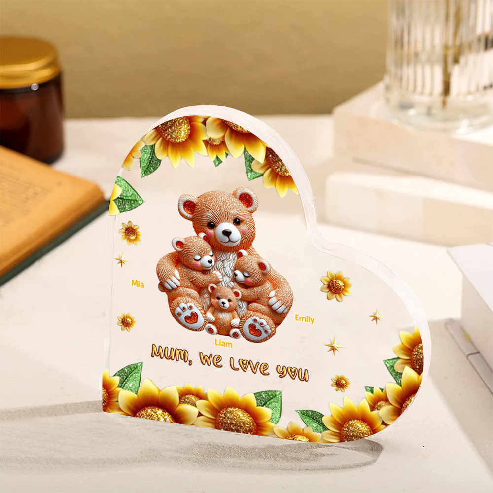 Personalised Heart-Shaped Acrylic Plaque – Custom Engraved Bear Family Gift for Mum | Jessemade