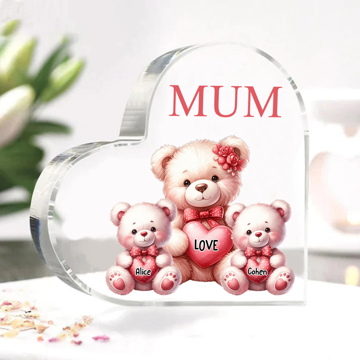Personalised 2 Names&1Text Bear Heart-Shaped Acrylic Plaque – Custom Family Ornament Gift for Mum/Nan | Jessemade