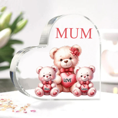 Personalised 2 Names&1Text Bear Heart-Shaped Acrylic Plaque – Custom Family Ornament Gift for Mum/Nan | Jessemade