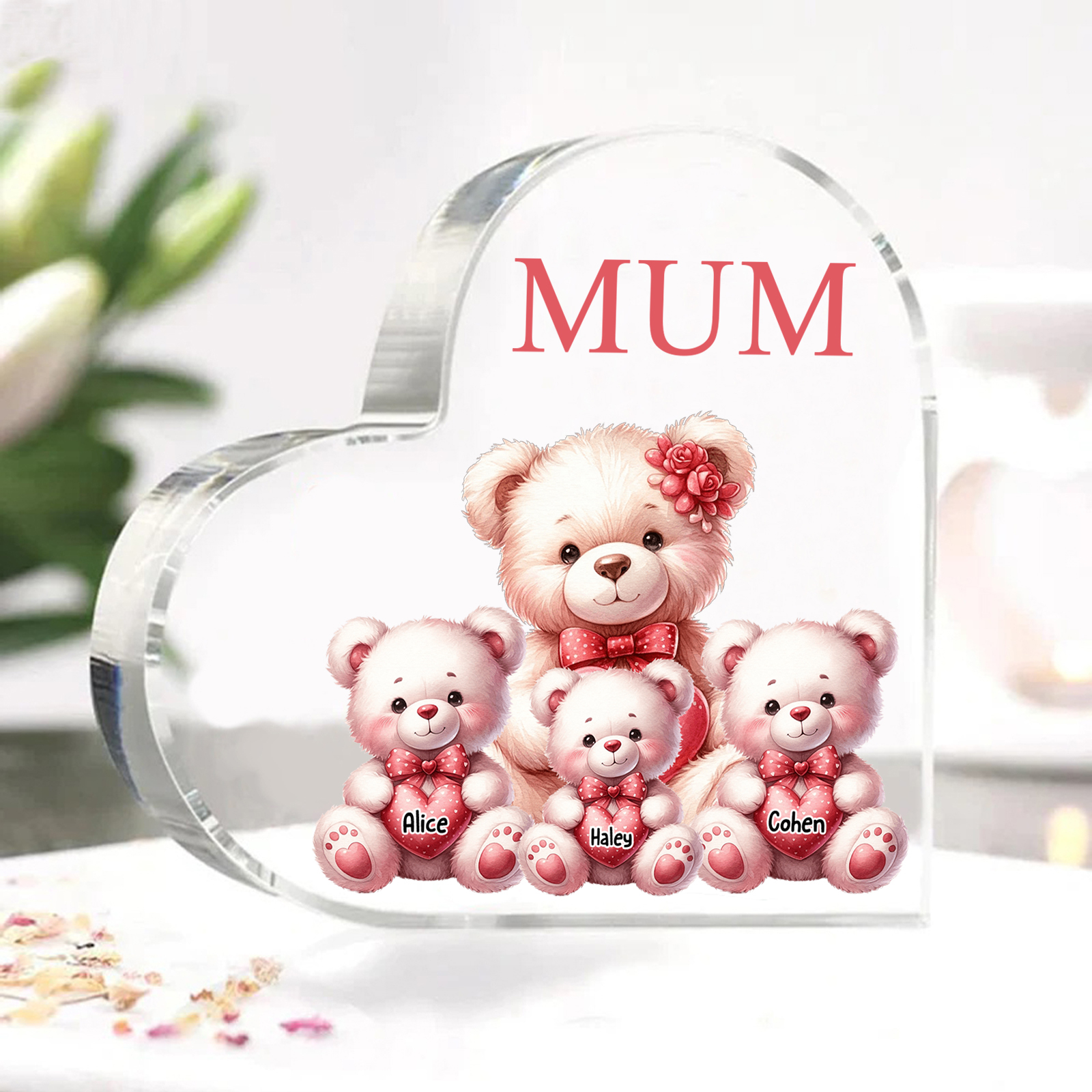 Personalised 3 Names&1Text Bear Heart-Shaped Acrylic Plaque – Custom Family Ornament Gift for Mum/Nan | Jessemade