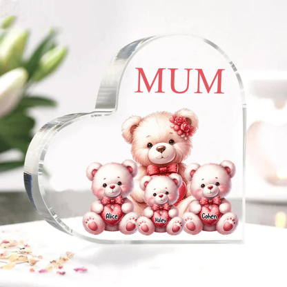 Personalised 3 Names&1Text Bear Heart-Shaped Acrylic Plaque – Custom Family Ornament Gift for Mum/Nan | Jessemade