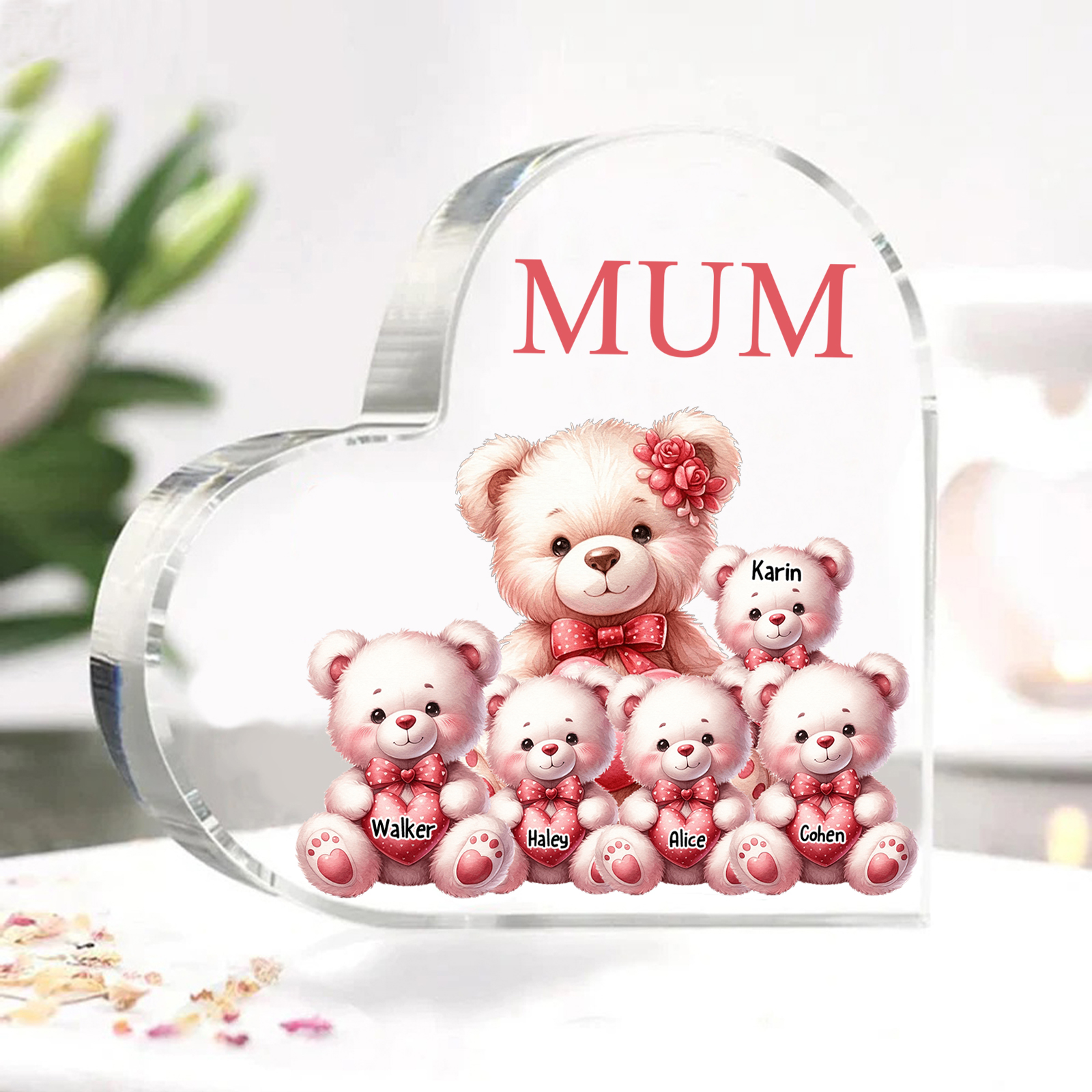 Personalised 5 Names&1Text Bear Heart-Shaped Acrylic Plaque – Custom Family Ornament Gift for Mum/Nan | Jessemade