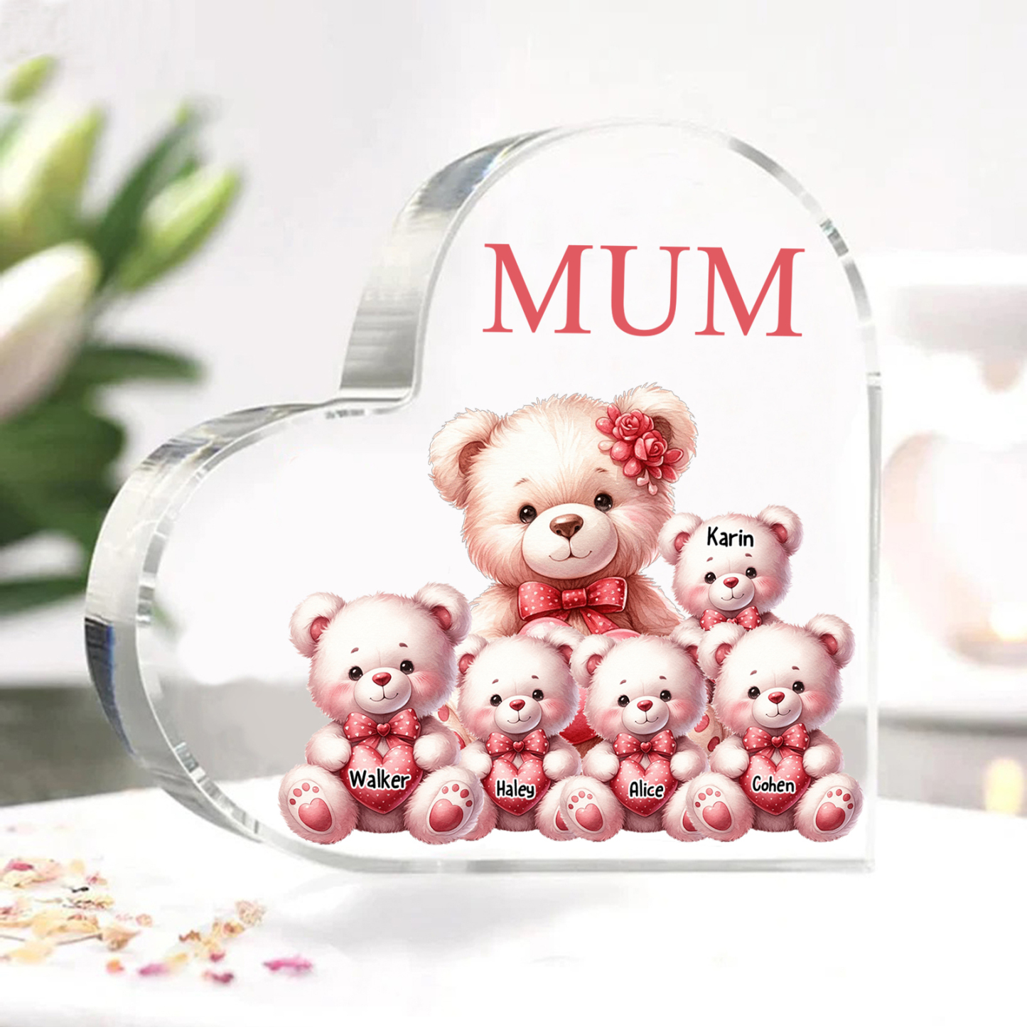 Personalised 5 Names&1Text Bear Heart-Shaped Acrylic Plaque – Custom Family Ornament Gift for Mum/Nan | Jessemade