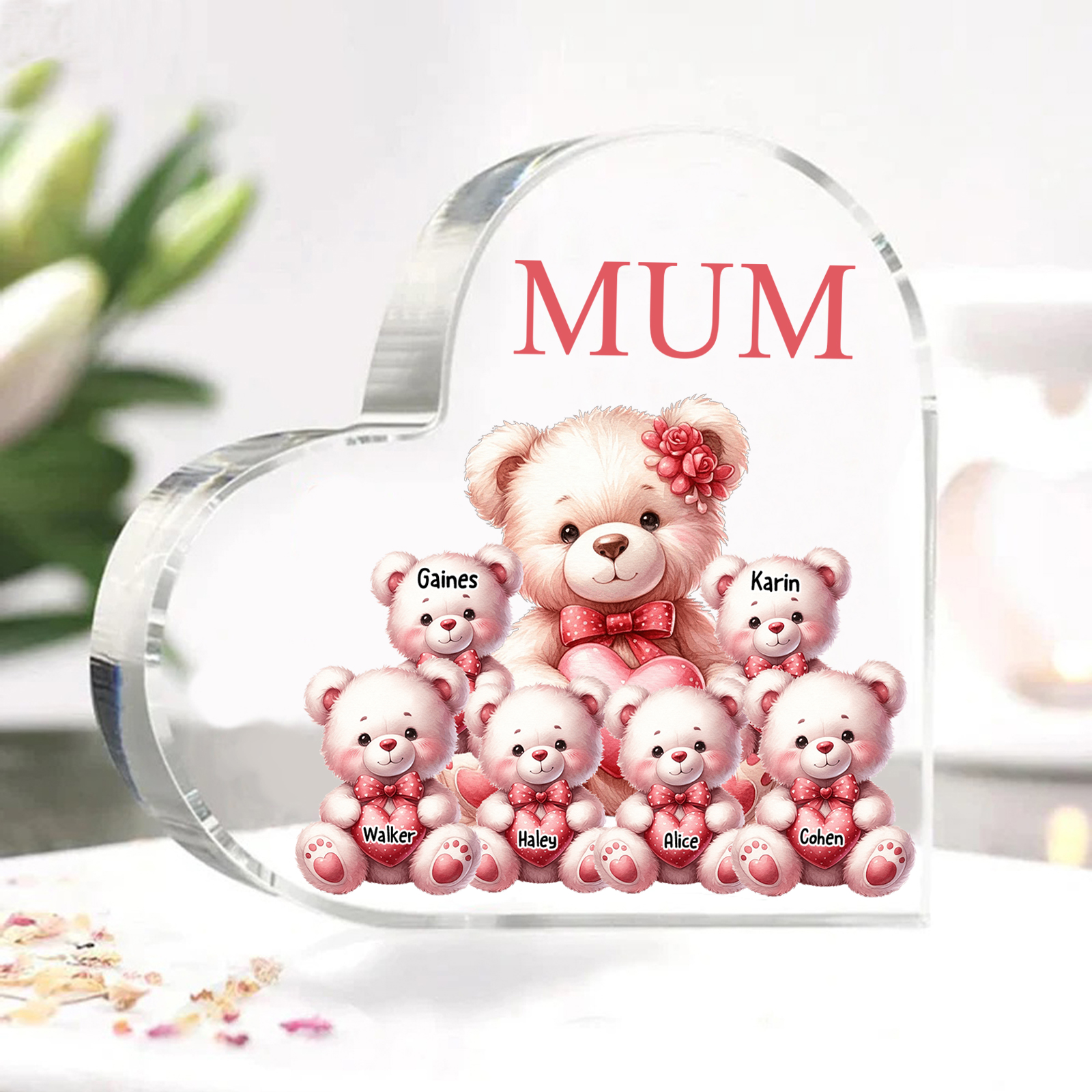 Personalised 6 Names&1Text Bear Heart-Shaped Acrylic Plaque – Custom Family Ornament Gift for Mum/Nan | Jessemade