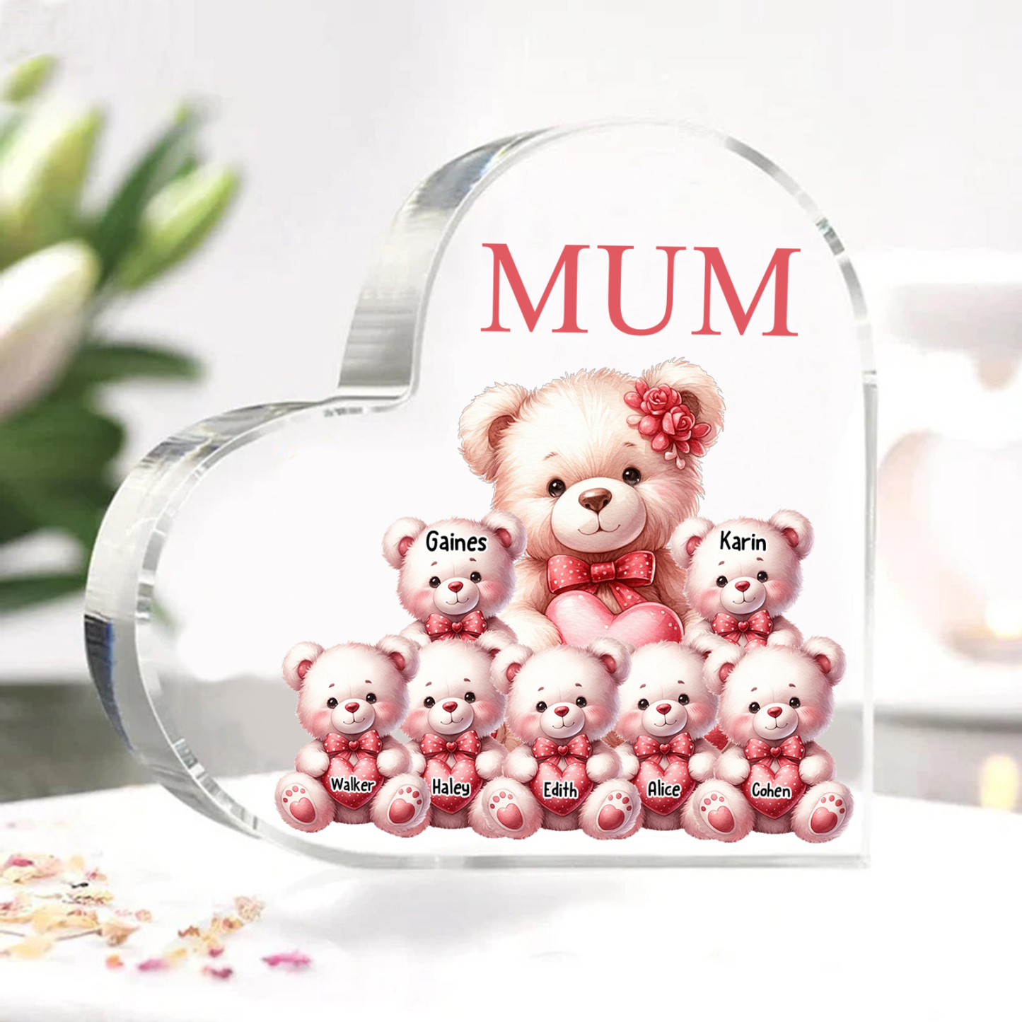 Personalised 7 Names&1Text Bear Heart-Shaped Acrylic Plaque – Custom Family Ornament Gift for Mum/Nan | Jessemade