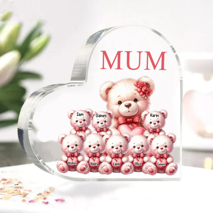 Personalised 8 Names&1Text Bear Heart-Shaped Acrylic Plaque – Custom Family Ornament Gift for Mum/Nan | Jessemade