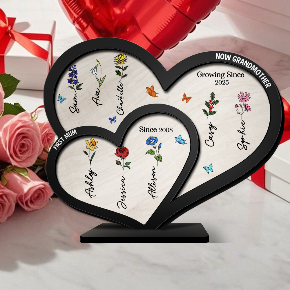 Personalised Flowers Acrylic Heart Plaque Custom 1 Text & 1–10 Names Ornament Gifts for Nan/Mum | Jessemade