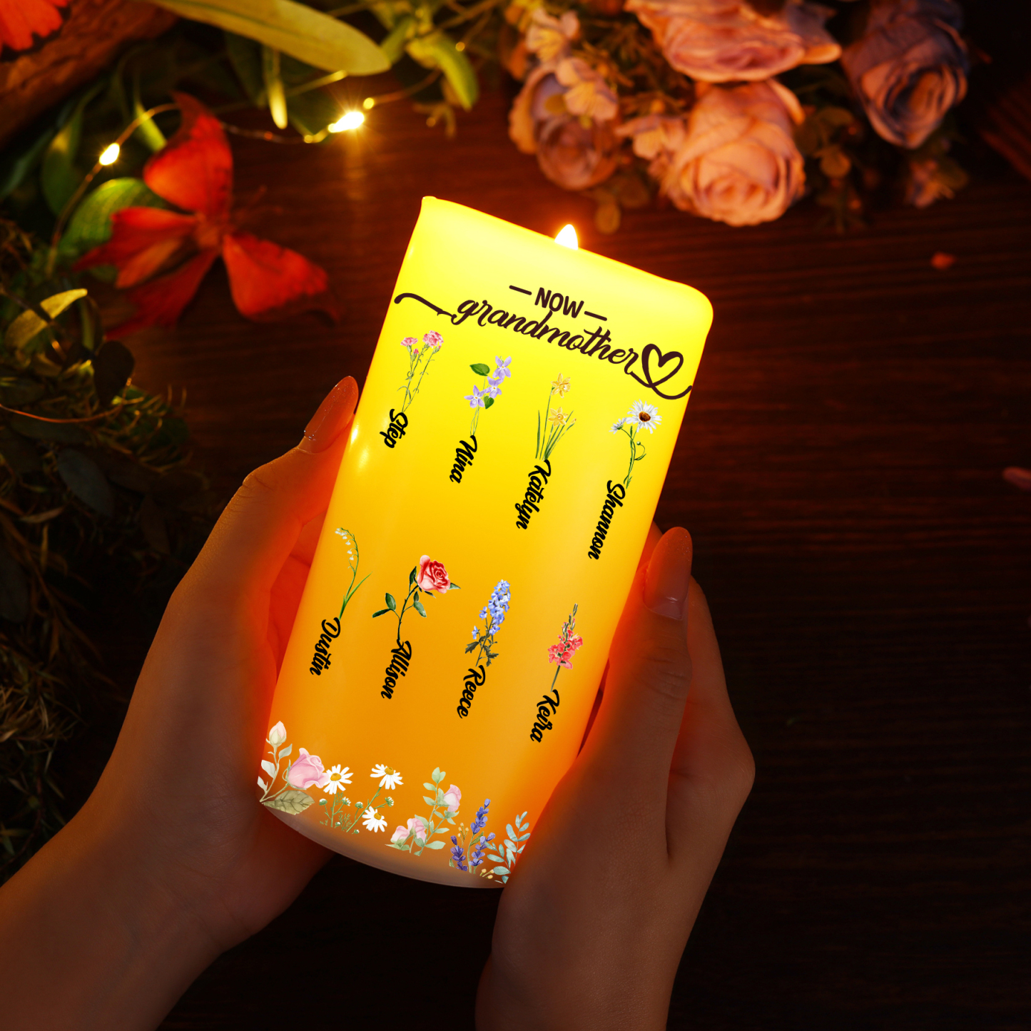 Custom Birth Flower LED Candle – Personalised Gift for Mum or Grandma with Kids’ Names | Jessemade