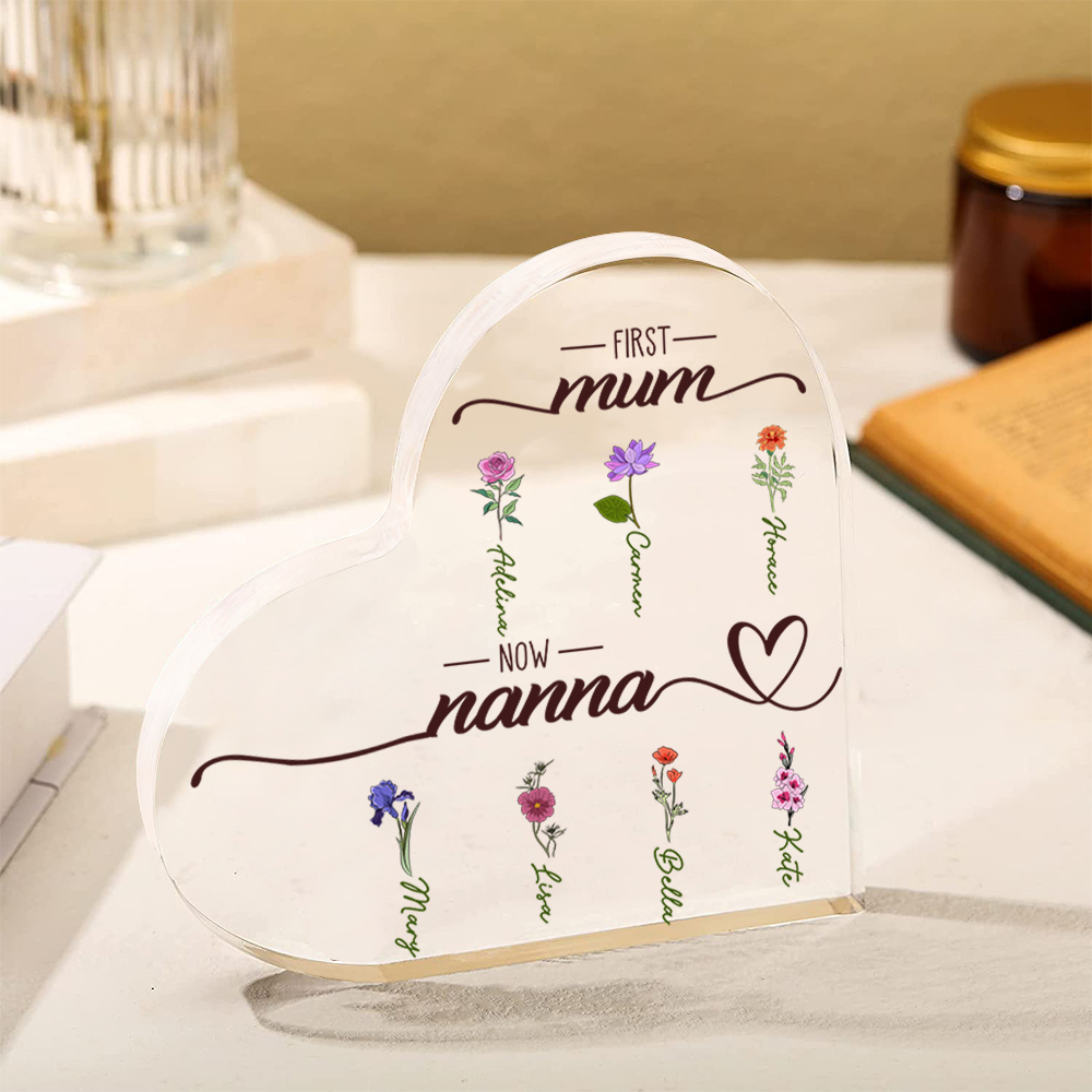 Personalised Acrylic Heart Keepsake Custom 2–10 Names & Birth Flowers Ornament Mother's Day Gift - First Mum, Now Nanna