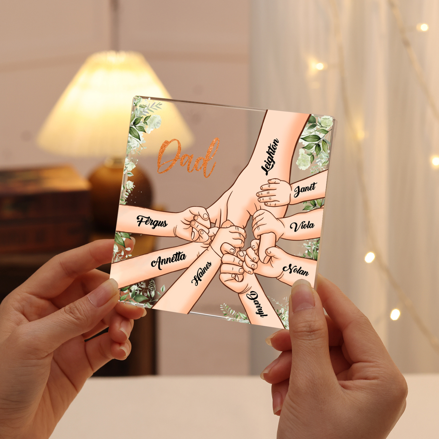 8 Names & 1 Text Personalised Acrylic Plaque for Dad - Custom Holding Hands Father's Day Gift | Jessemade