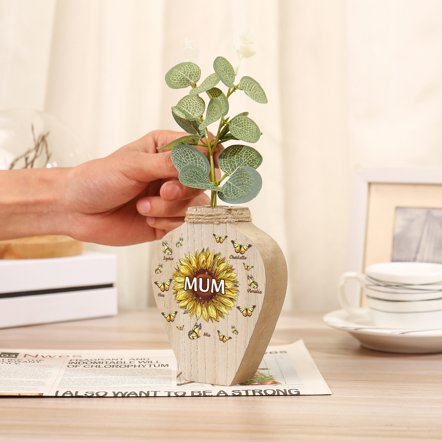 5 Names - Personalized Custom Text and Name Butterfly Style Wooden Decorative Vase as a Gift for Mum