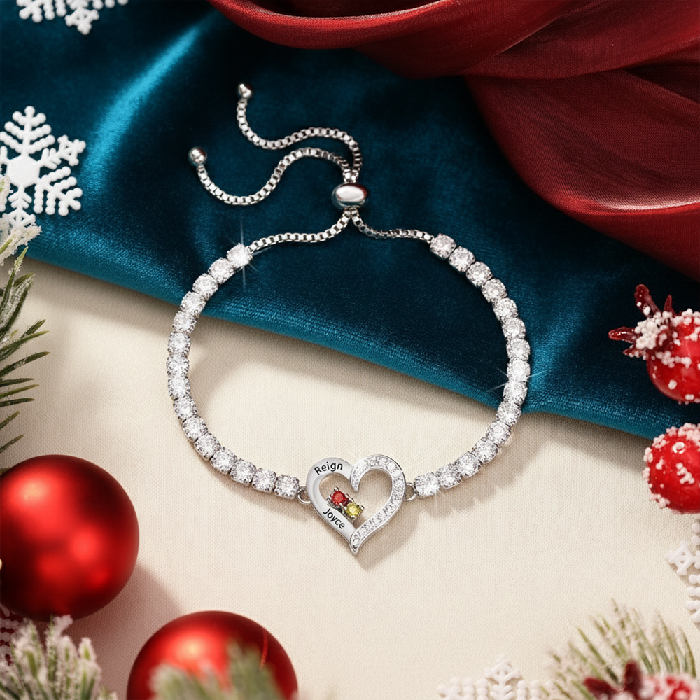 Personalised 2-4 Names & Birthstones Heart Tennis Bracelet