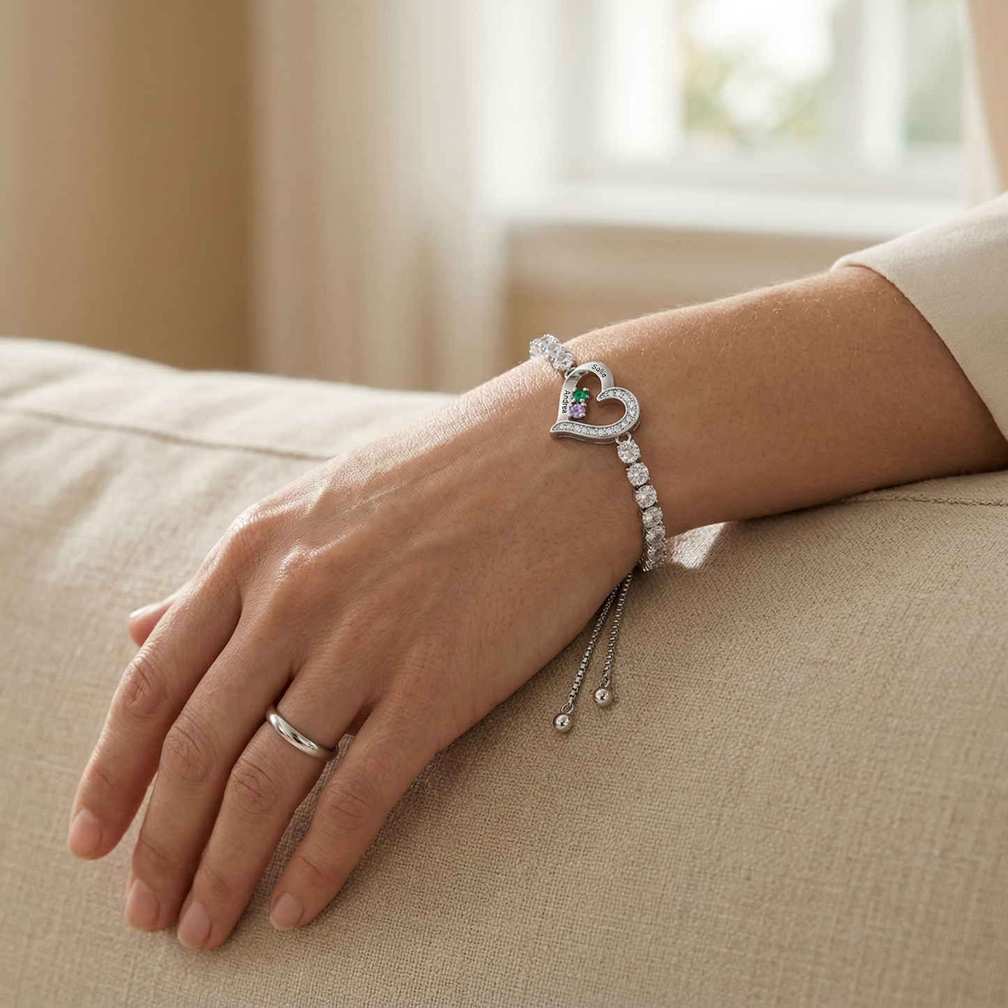 Personalised 2-4 Names & Birthstones Heart Tennis Bracelet-Gift for Mum/Her