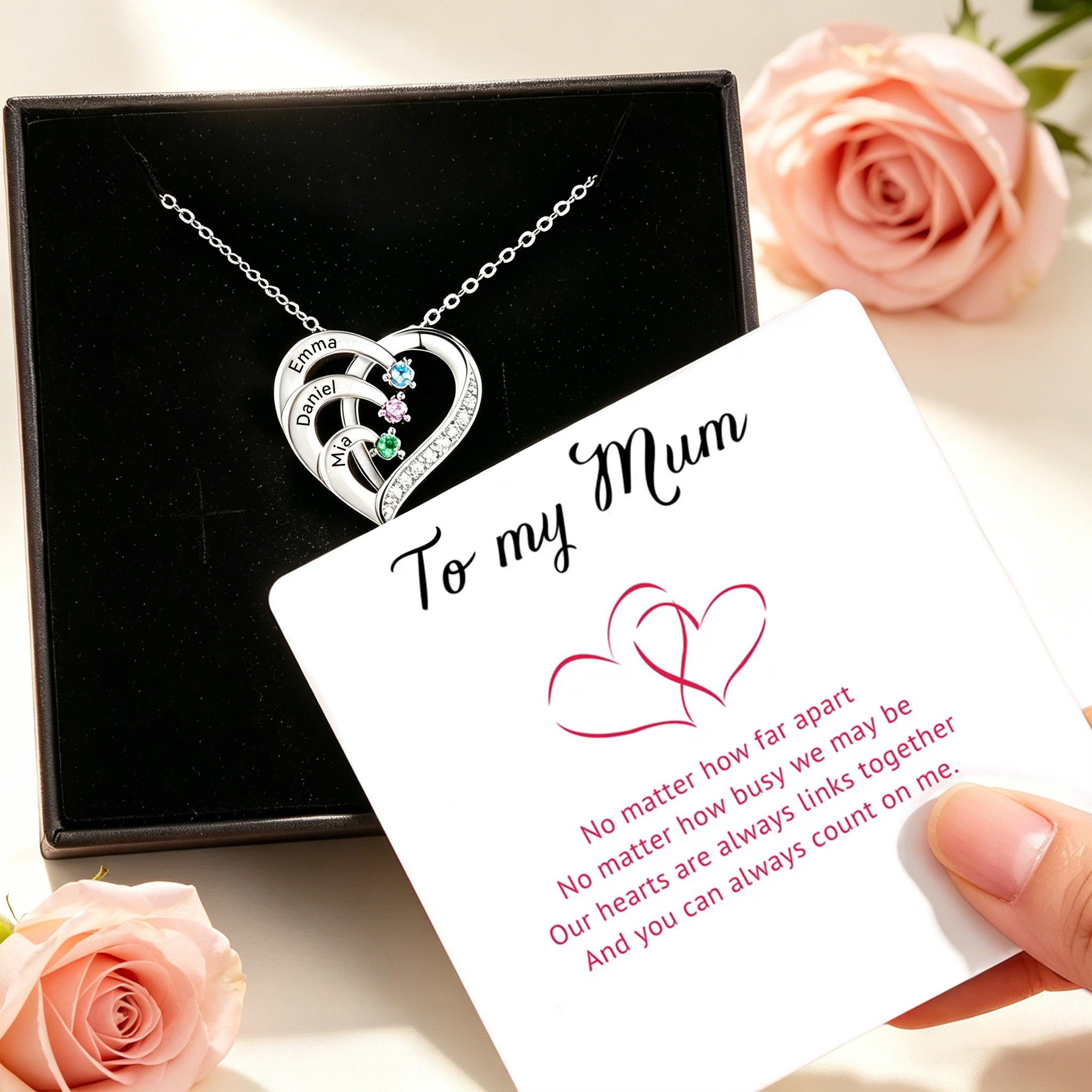 Personalised 925 Sterling Silver Birthstone Name Necklace (2–6 Names) – Intertwined Heart Gifts for Her