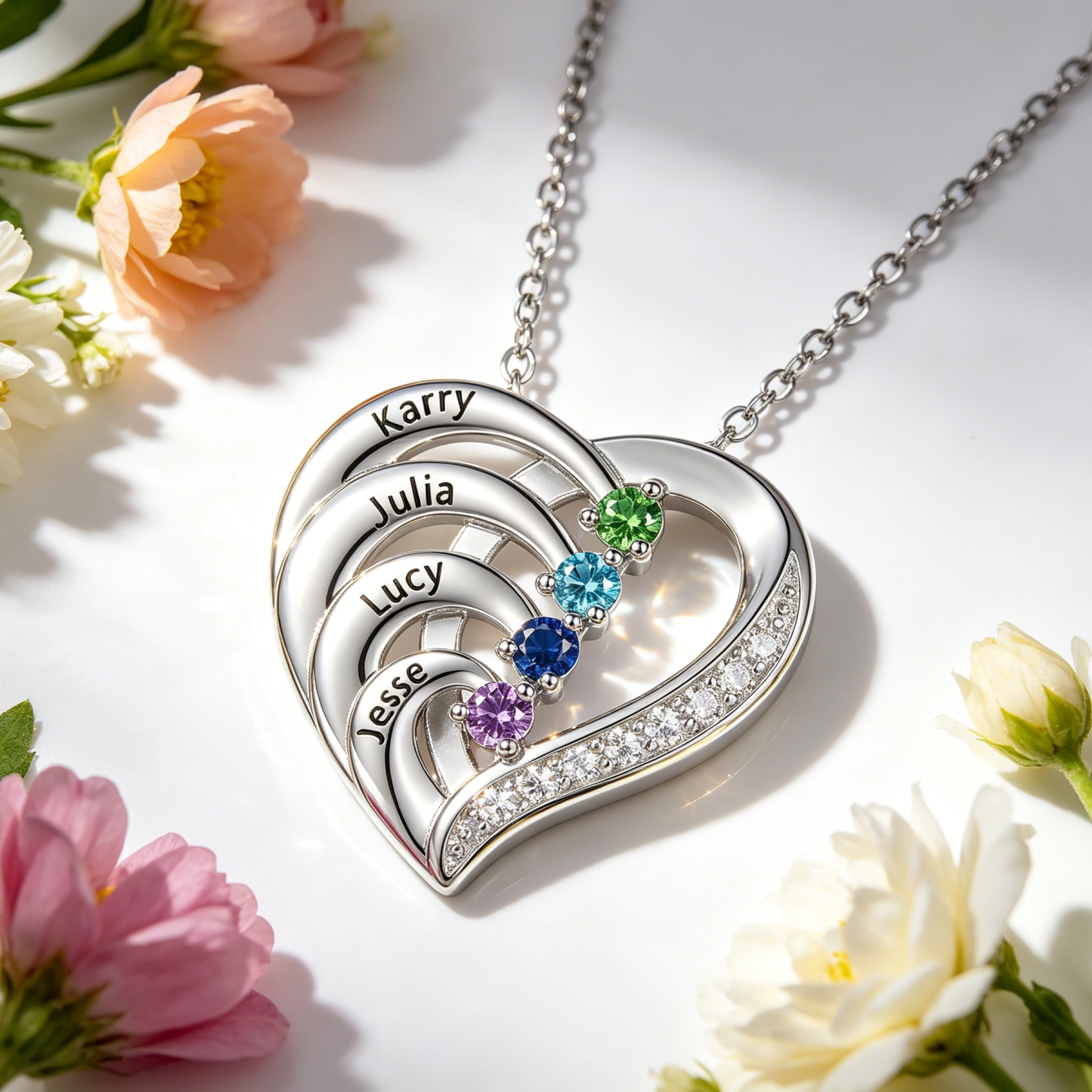 Personalised 925 Sterling Silver Birthstone Name Necklace (2–6 Names) – Intertwined Heart Gifts for Her
