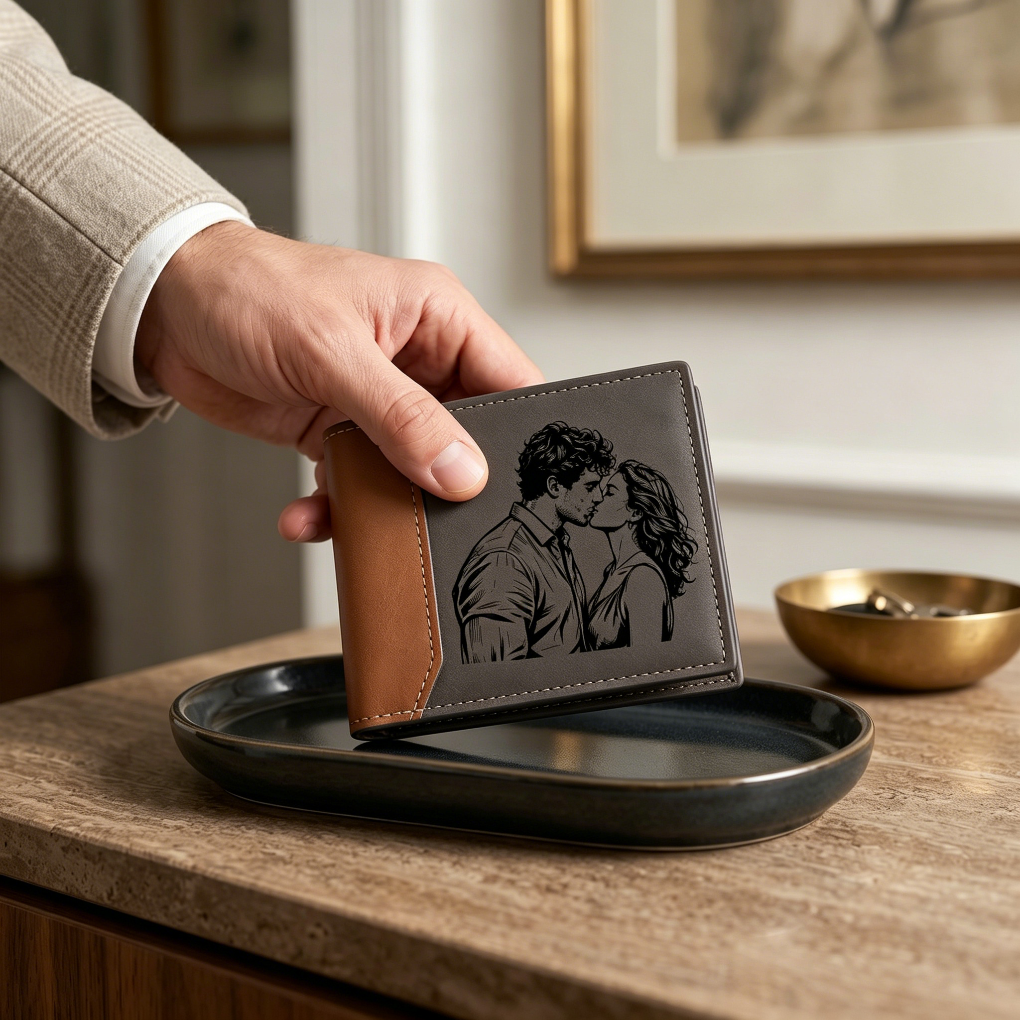 Personalised Name Leather Couple Wallet Engraved Letter And Photo Gift For Him