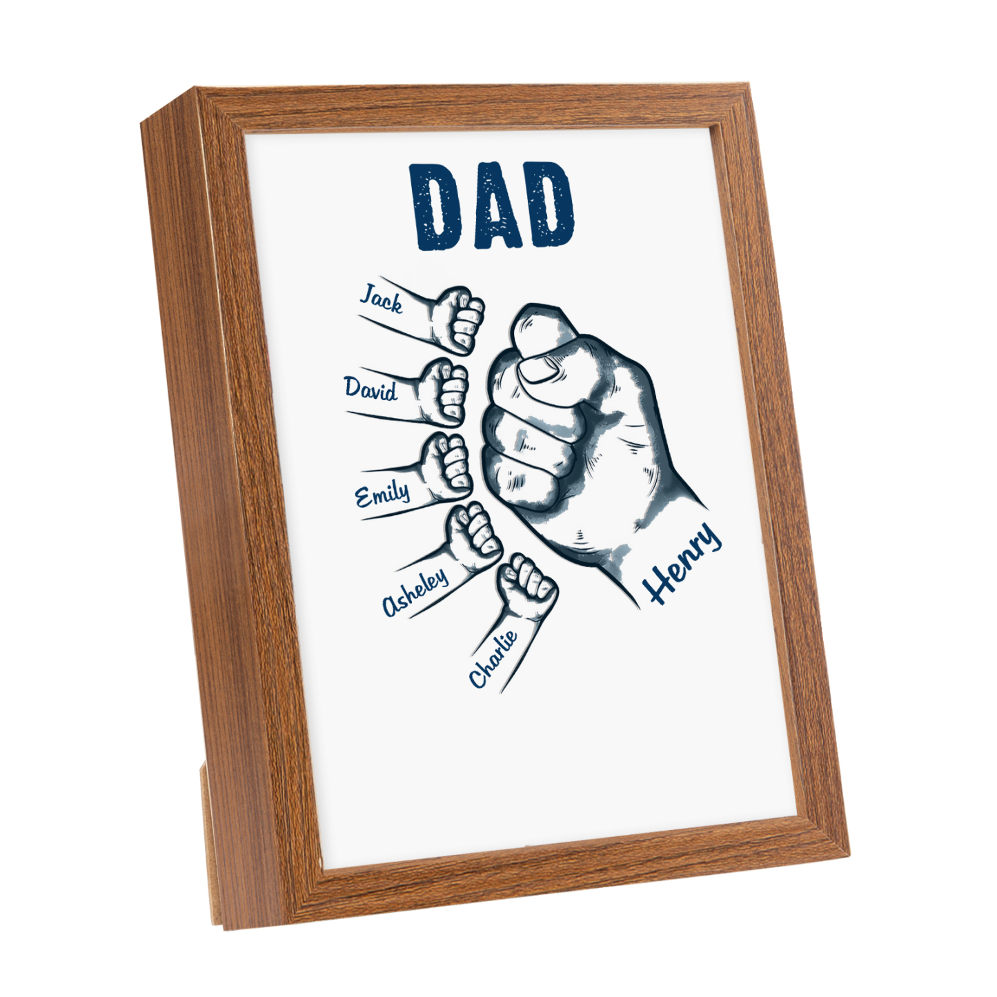 6 Names-Personalized Dad LED Light Fist Wooden Photo Frame -Custom Text & Names, Adjustable 3 Colors
