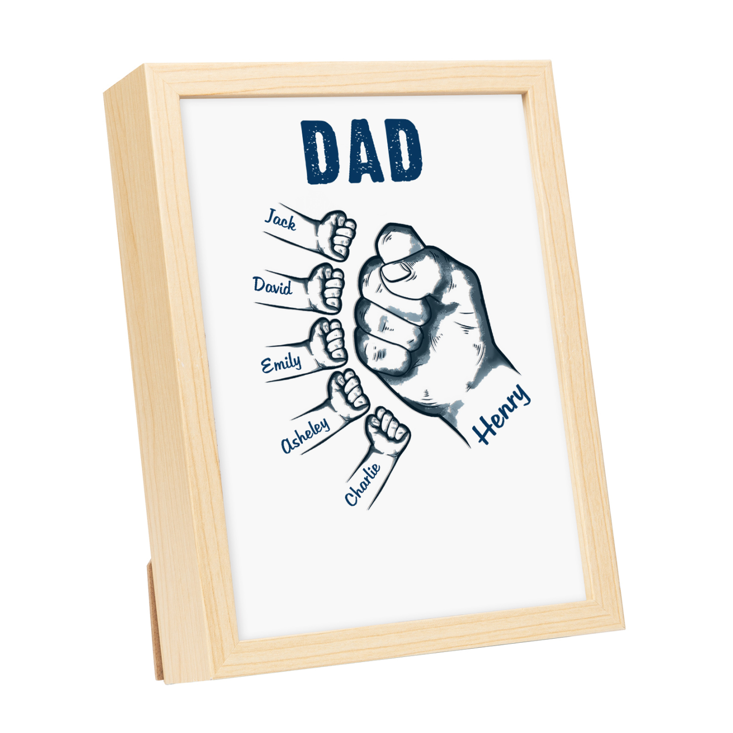 6 Names-Personalized Dad LED Light Fist Wooden Photo Frame -Custom Text & Names, Adjustable 3 Colors