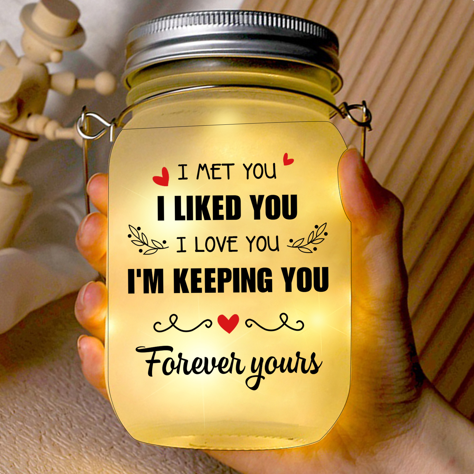 Personalised Mason Jar Light with 2 Names Doll Couple Kissing Valentines Gifts for Him | Jessemade
