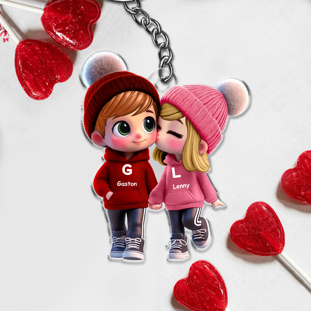Personalised Cartoon Couple Keyring with 2 Names, Letters & Characters - Valentine’s Day Gift for Couple | Jessemade