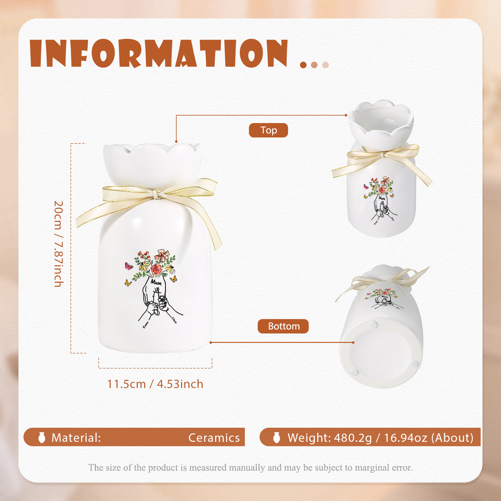 Personalised Ceramic Vase – Custom 2-8 Names & Text – Holding Hands Design – Unique Mother's Day Gifts for Her | Jessemade