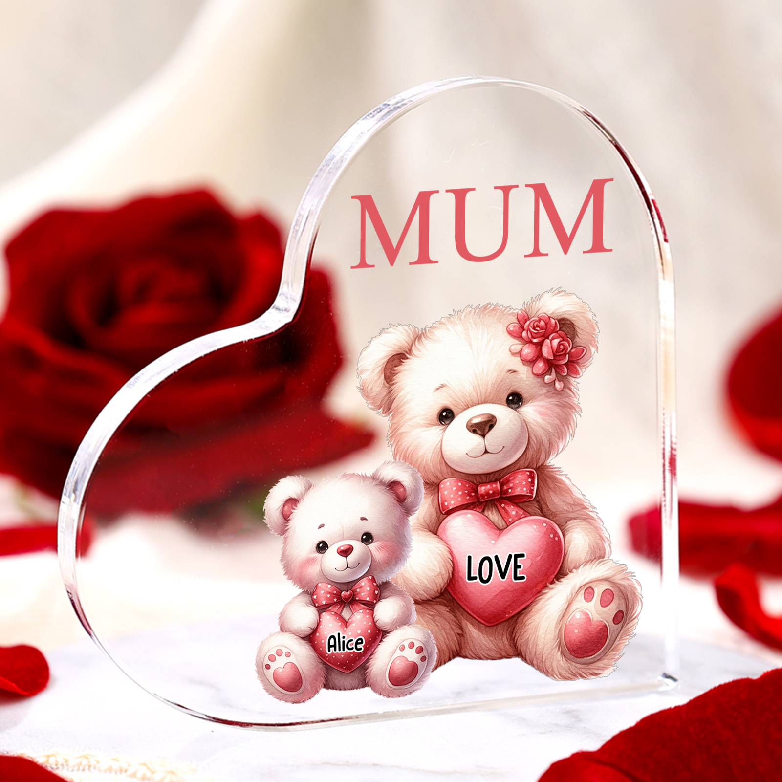Personalised 1 Name&1Text Bear Heart-Shaped Acrylic Plaque – Custom Family Ornament Gift for Mum/Nan | Jessemade