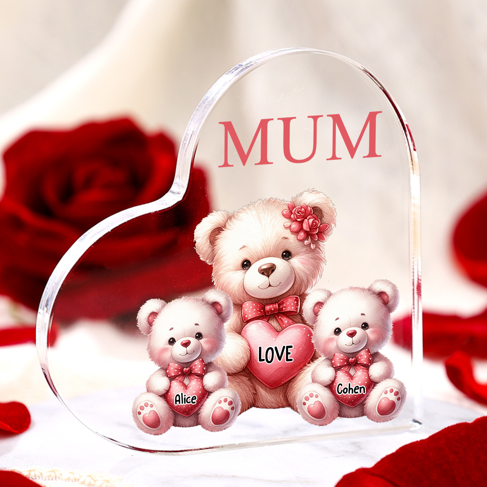 Personalised 2 Names&1Text Bear Heart-Shaped Acrylic Plaque – Custom Family Ornament Gift for Mum/Nan | Jessemade