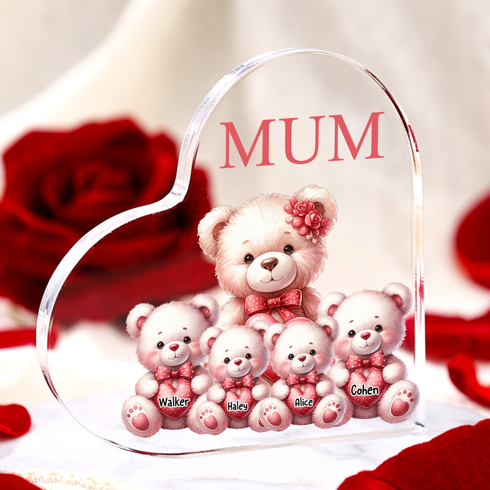 Personalised 2 Names&1Text Bear Heart-Shaped Acrylic Plaque – Custom F