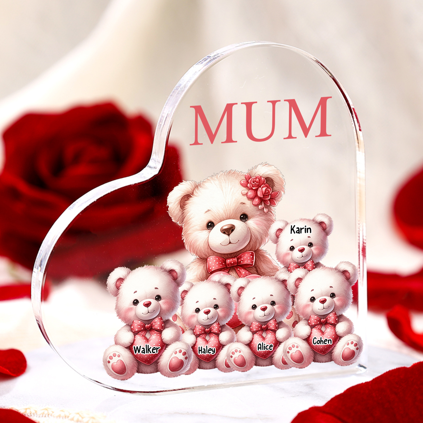 Personalised 5 Names&1Text Bear Heart-Shaped Acrylic Plaque – Custom Family Ornament Gift for Mum/Nan | Jessemade