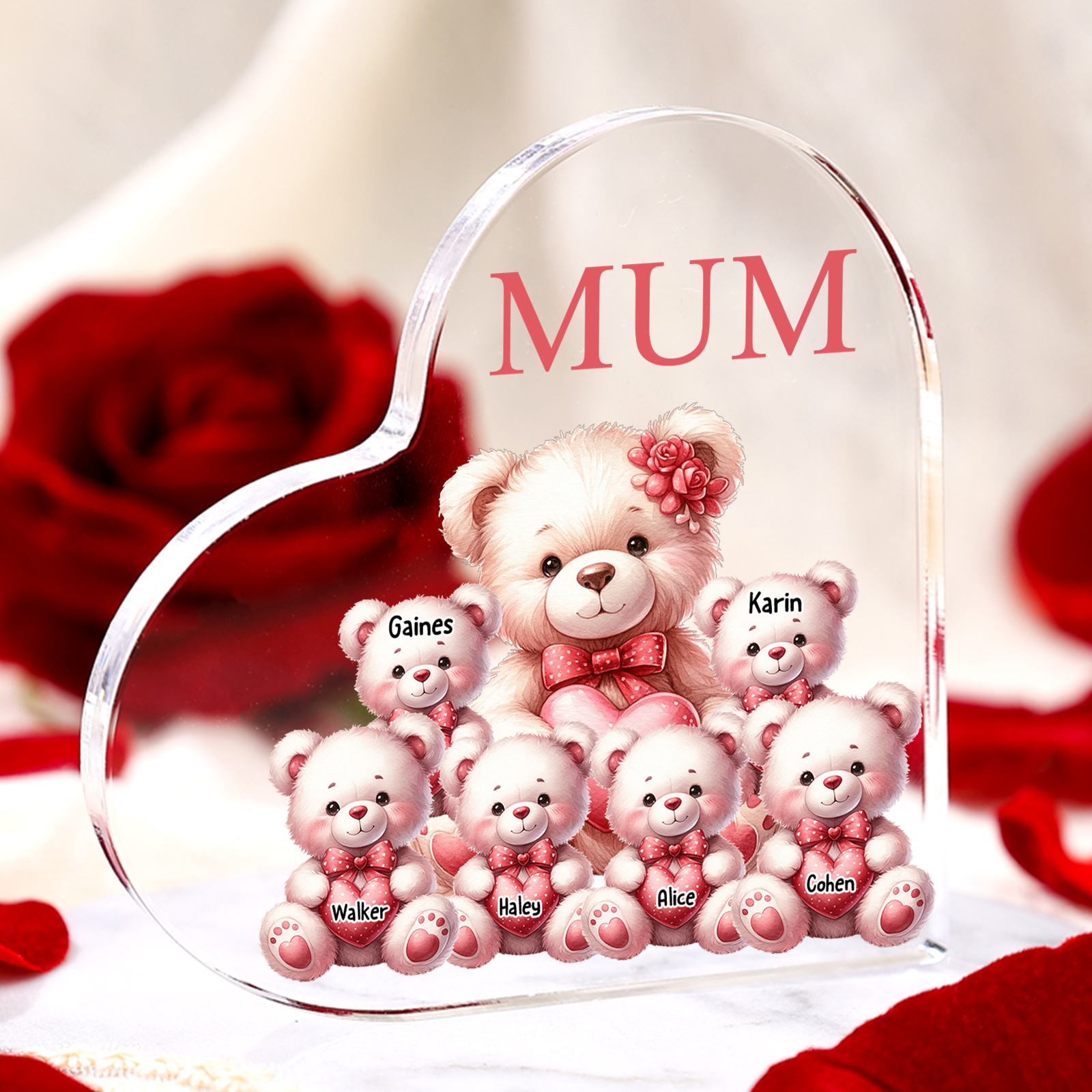 Personalised 6 Names&1Text Bear Heart-Shaped Acrylic Plaque – Custom Family Ornament Gift for Mum/Nan | Jessemade