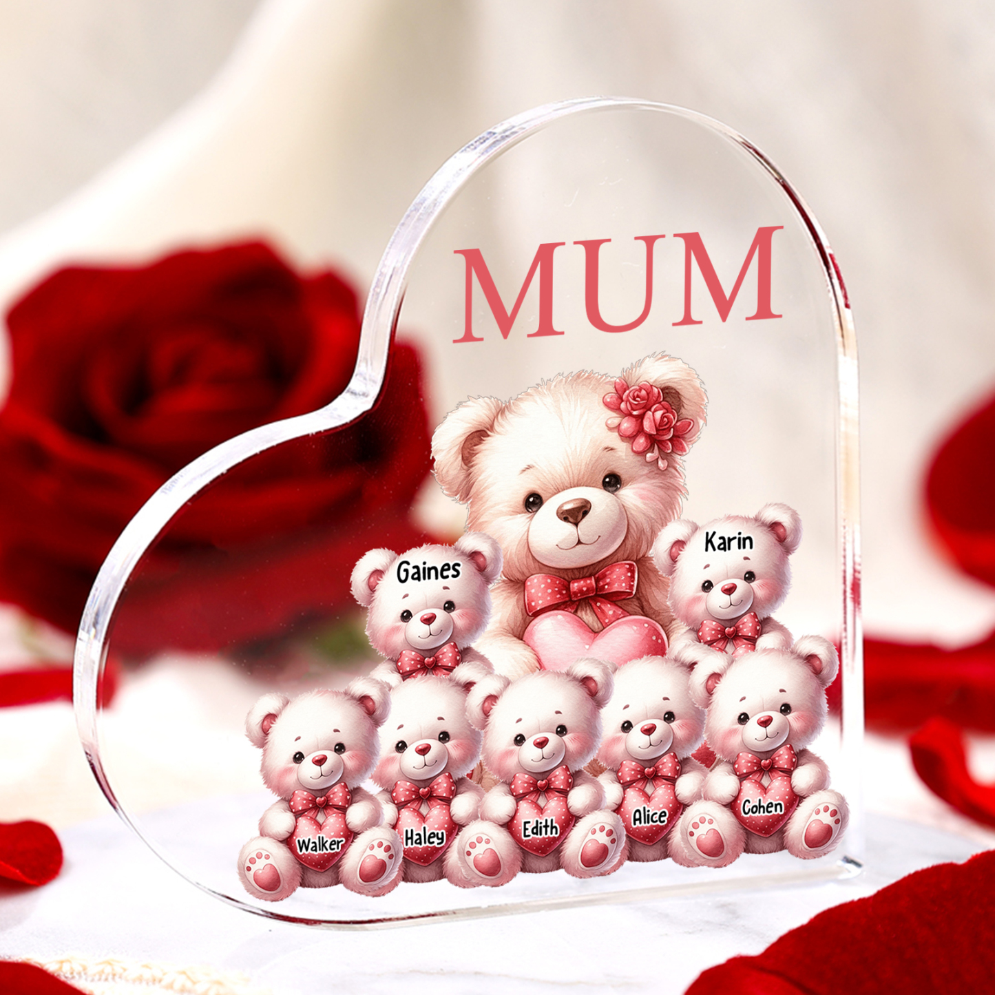 Personalised 6 Names&1Text Bear Heart-Shaped Acrylic Plaque – Custom F