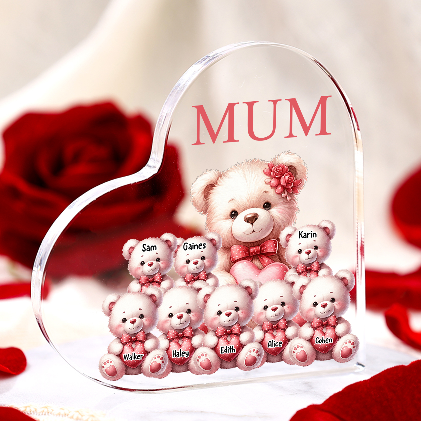 Personalised 8 Names&1Text Bear Heart-Shaped Acrylic Plaque – Custom F