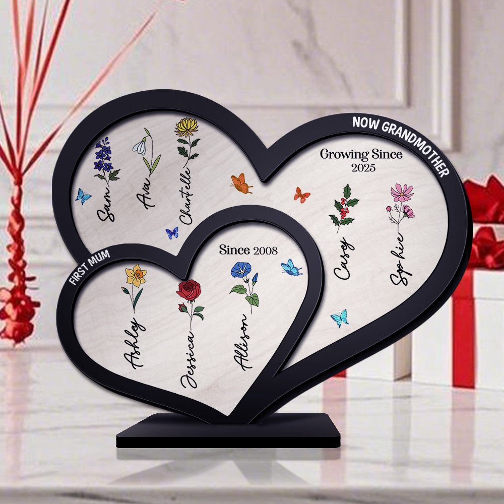 Personalised Flowers Acrylic Heart Plaque Custom 1 Text & 1–10 Names Ornament Gifts for Nan/Mum | Jessemade