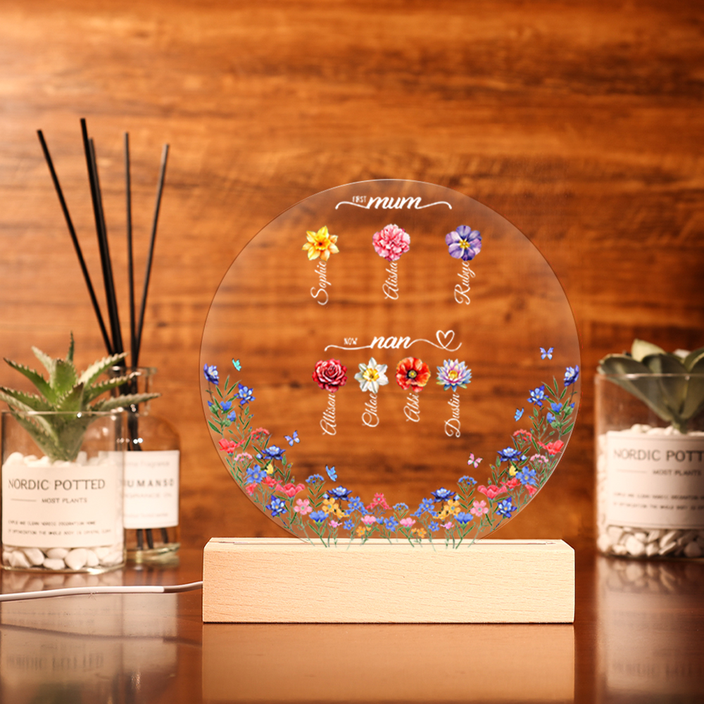 Personalised LED Acrylic Flower Night Light – Custom Gift for Mum and Grandma with Names & Birth Flowers | Jessemade