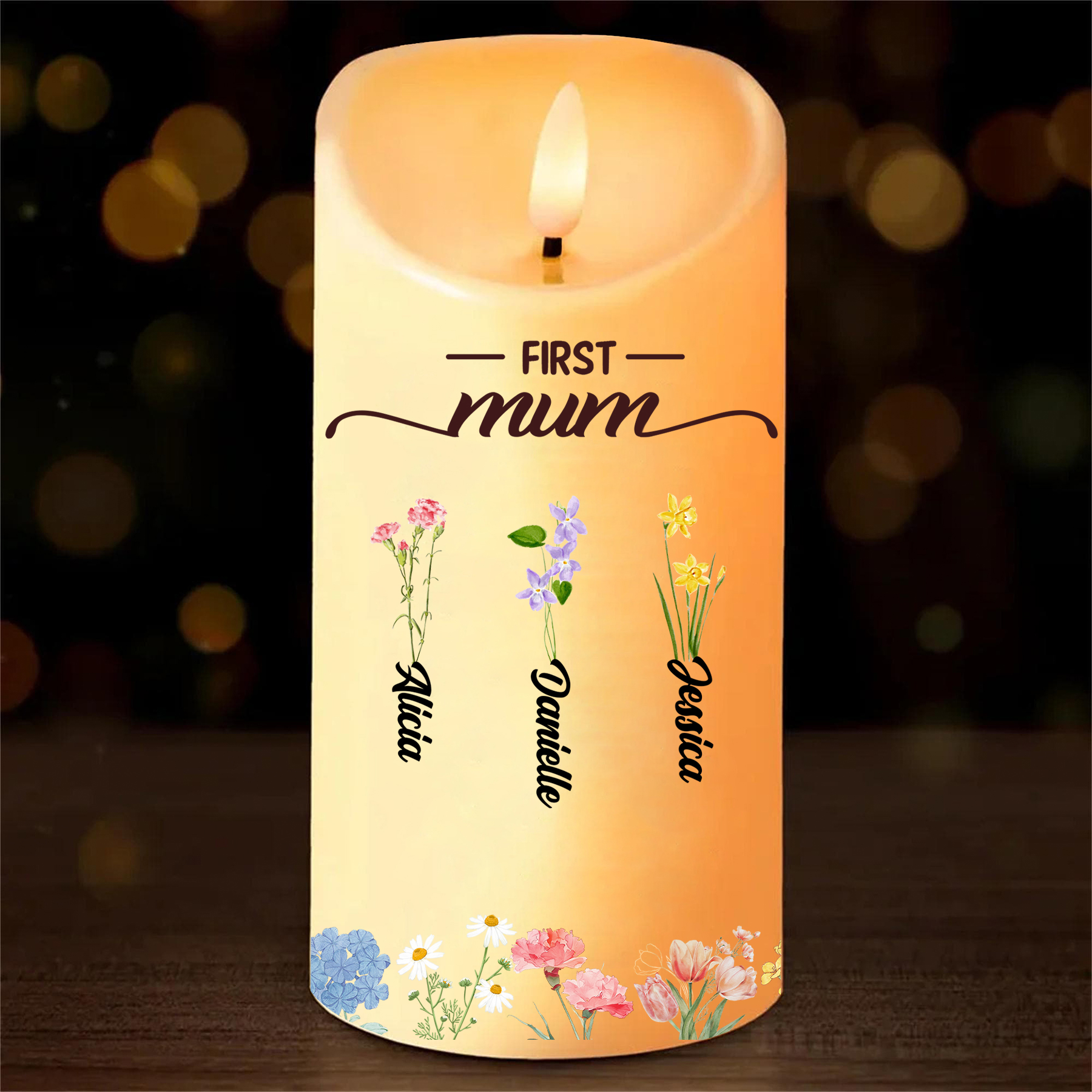 Custom Birth Flower LED Candle – Personalised Gift for Mum or Grandma with Kids’ Names | Jessemade