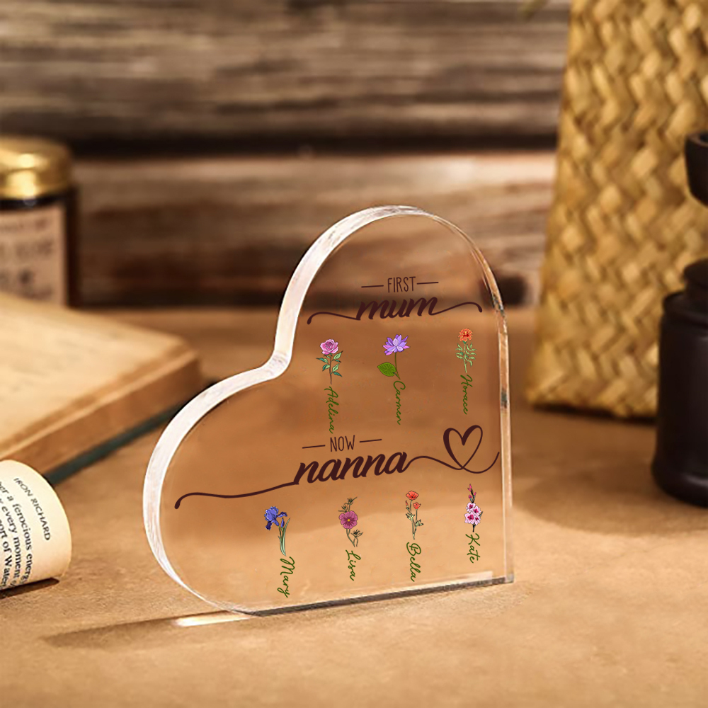 Personalised Acrylic Heart Keepsake Custom 2–10 Names & Birth Flowers Ornament Mother's Day Gift - First Mum, Now Nanna