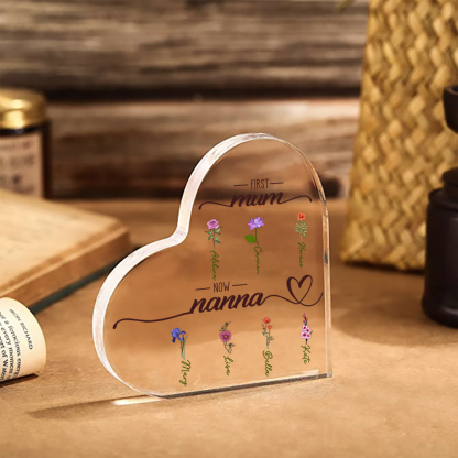 Personalised Acrylic Heart Keepsake Custom 2–10 Names & Birth Flowers Ornament Mother's Day Gift - First Mum, Now Nanna