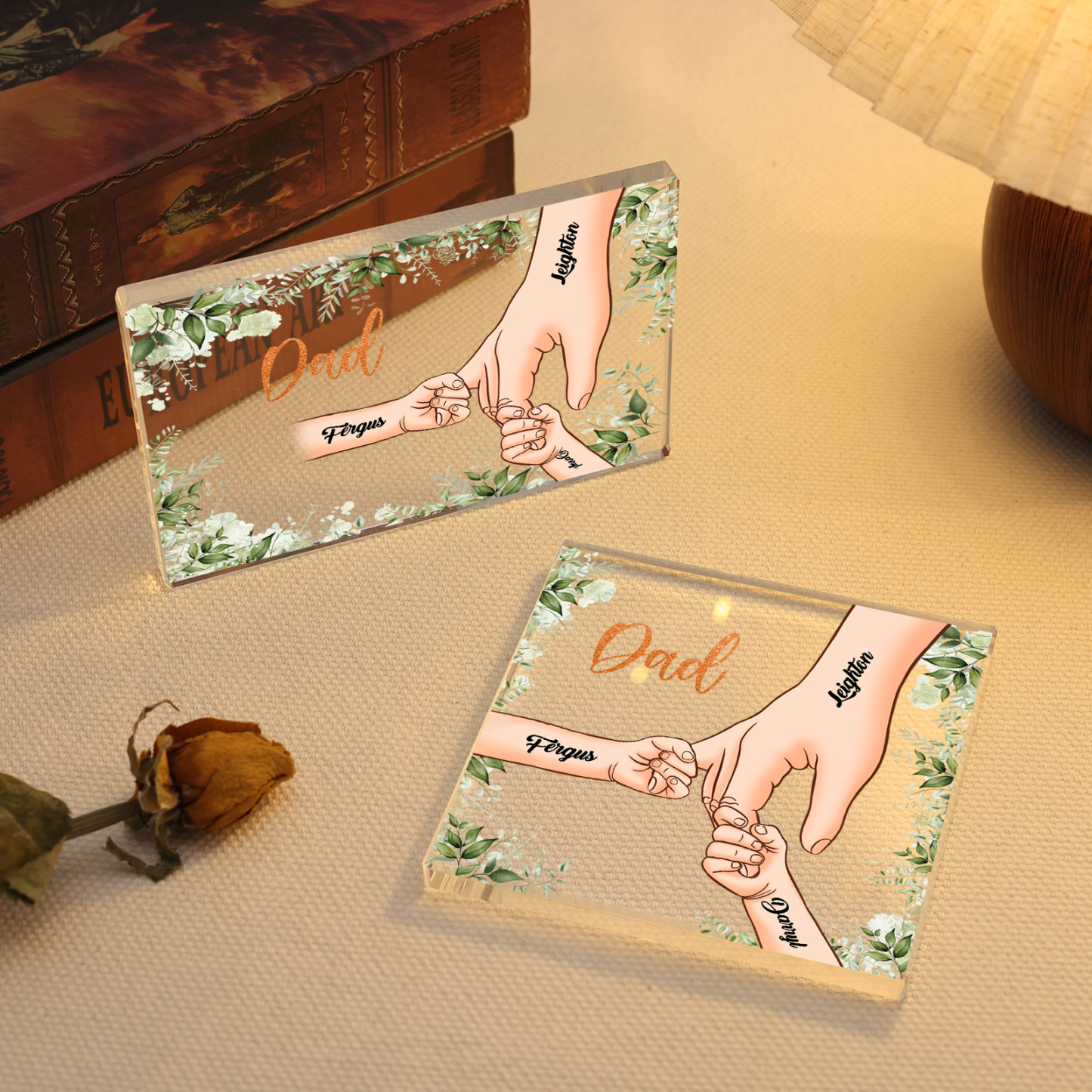 3 Names & 1 Text Personalised Acrylic Plaque for Dad - Custom Holding Hands Style | Jessemade